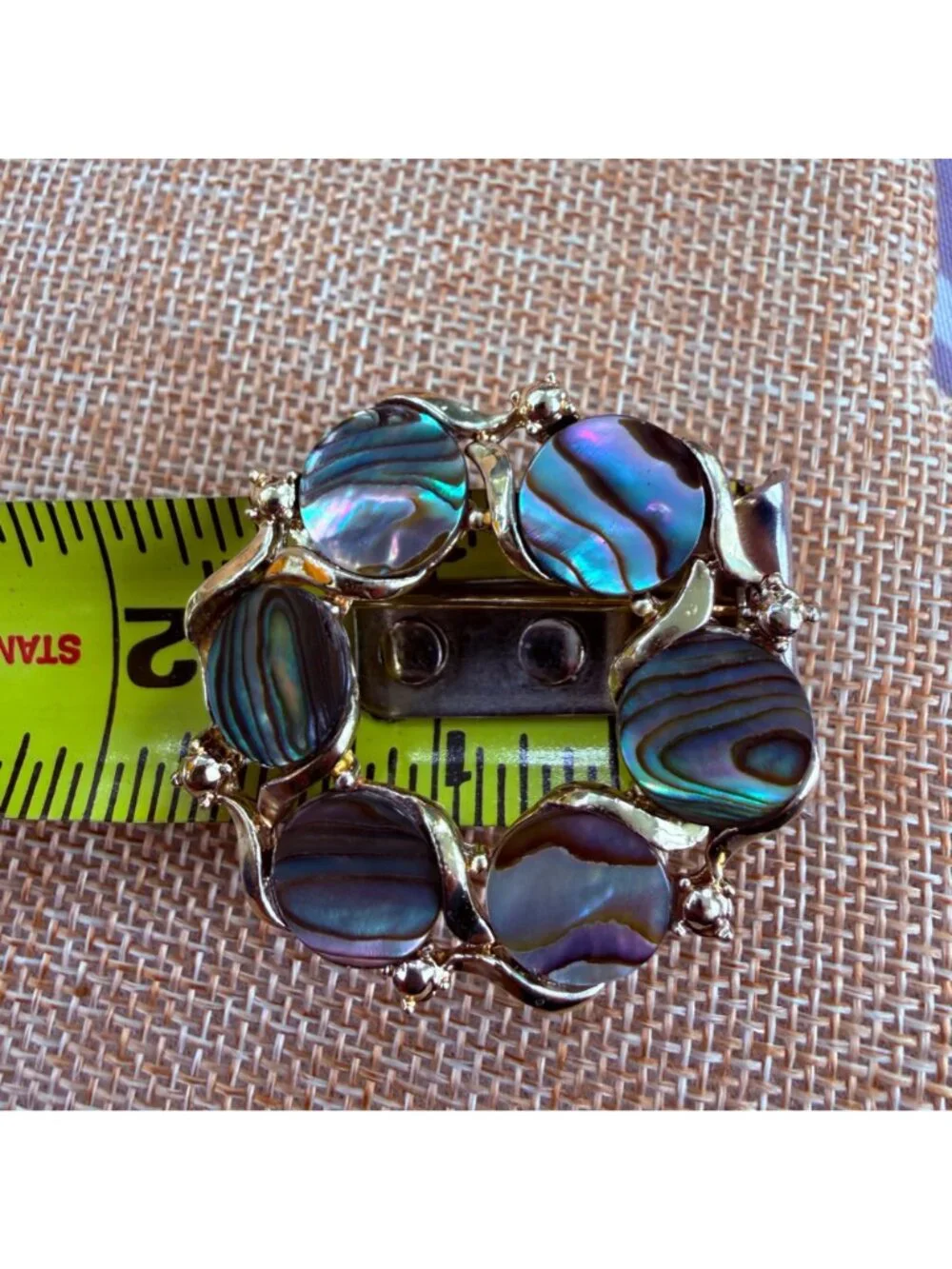 Vintage Abalone Shell Circle Brooch Silver Tone Wreath Pin Paua Statement Jewelr